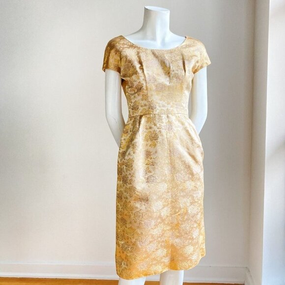 Vintage 50s 60s Gold Brocade Floral Short Sleeve Dress S - Picture 5 of 8
